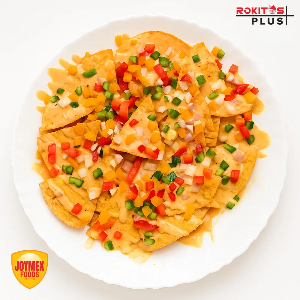 A loaded plate of Joymex nachos